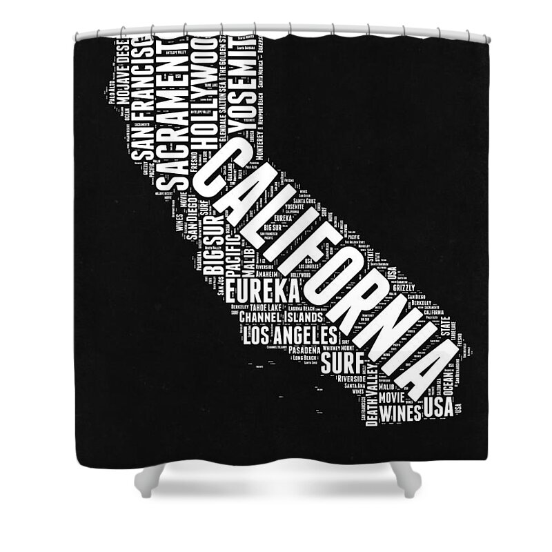 California Shower Curtain featuring the digital art California Black and White Word Cloud Map by Naxart Studio