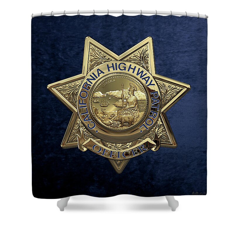'law Enforcement Insignia & Heraldry' Collection By Serge Averbukh Shower Curtain featuring the digital art California Highway Patrol - C H P Police Officer Badge over Blue Velvet by Serge Averbukh