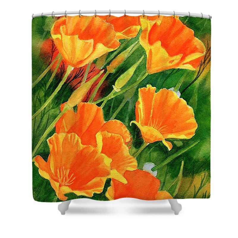 California Poppies Shower Curtain featuring the painting California Poppies Faces Up by Sharon Freeman