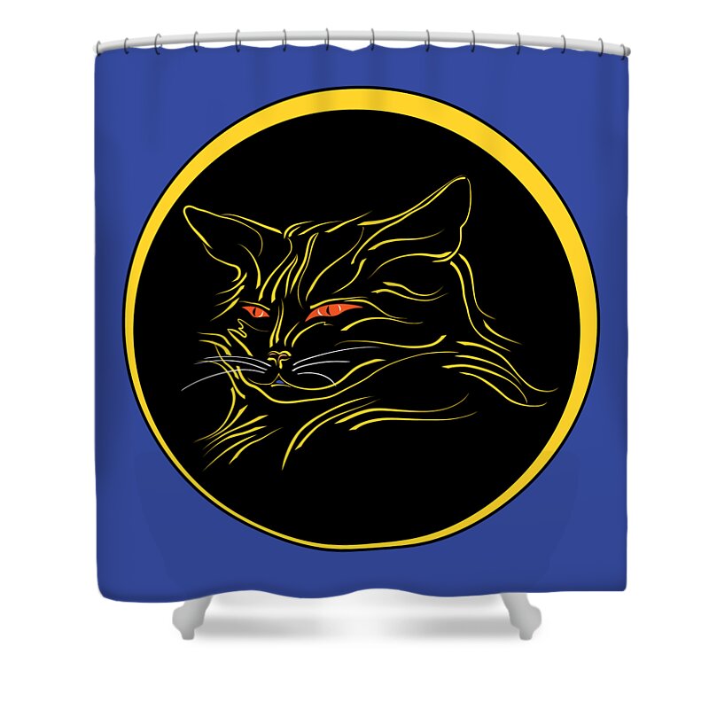 Graphic Cat Shower Curtain featuring the digital art Calligraphic Black Cat and Moon by MM Anderson