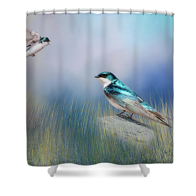 Songbird Shower Curtain featuring the photograph Calling His Mate by Cathy Kovarik