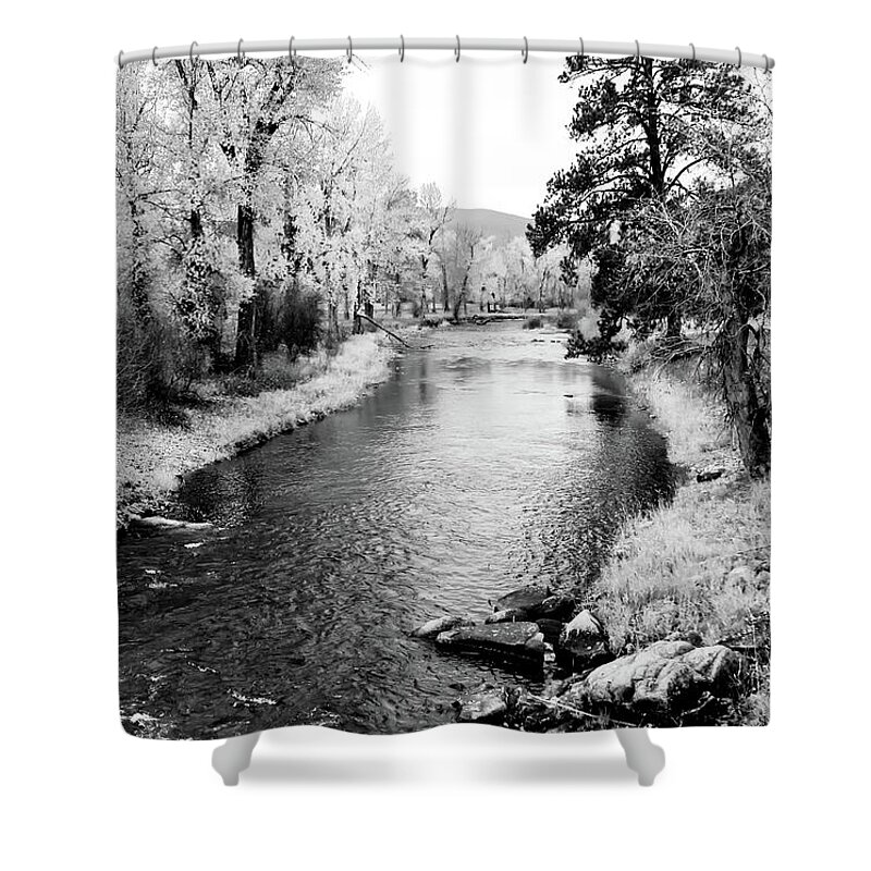 River Shower Curtain featuring the photograph Calm River Black and White by Athena Mckinzie