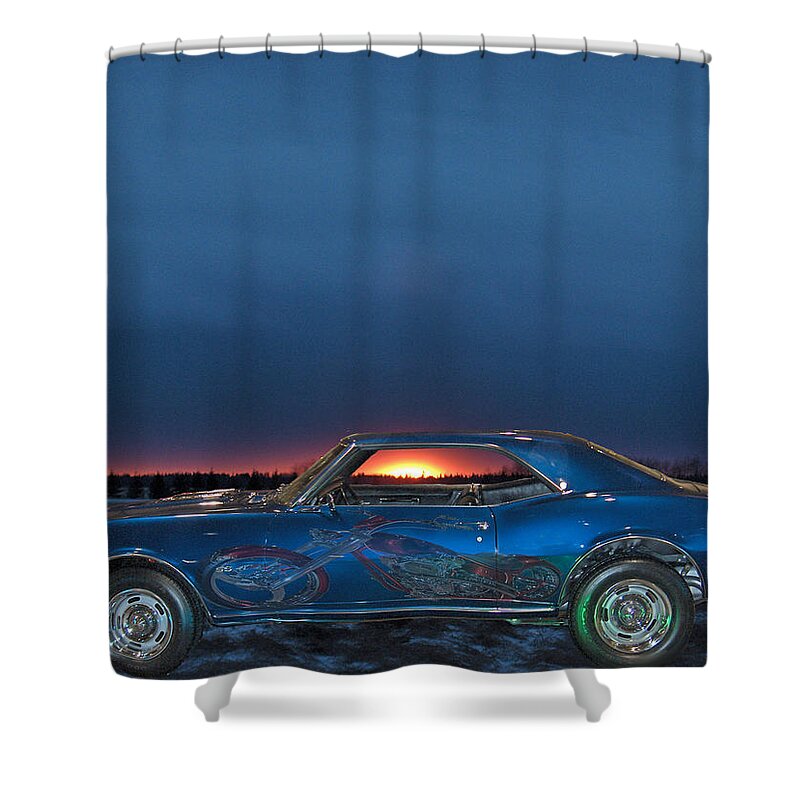 Camero Chopper Cars Motorcycle Bike Sunset Classic Shower Curtain featuring the photograph Camaro and Chopper by Andrea Lawrence