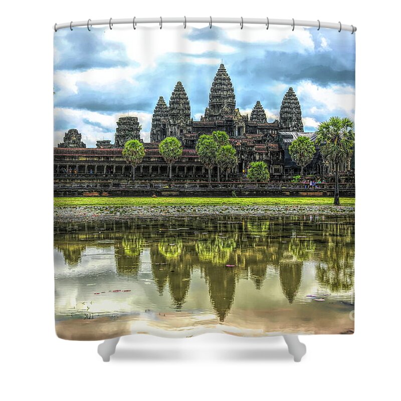 Angkor Wat Shower Curtain featuring the digital art Cambodia Panorama Angkor Wat Reflections by Chuck Kuhn