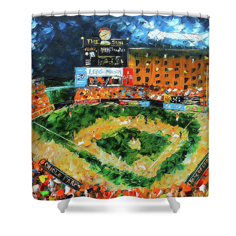 Baseball Shower Curtain featuring the painting Camden Yards by Kevin Brown