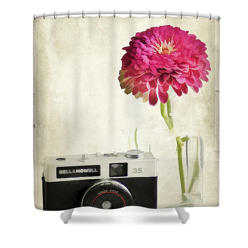 35mm Shower Curtain featuring the photograph Camera and Flowers by Darren Fisher