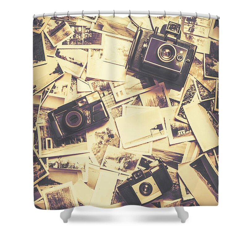 Nostalgia Shower Curtain featuring the photograph Cameras on a visual storyboard by Jorgo Photography