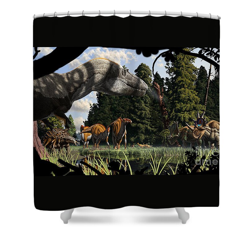 Paleoart Shower Curtain featuring the digital art Campanian Montana landscape by Julius Csotonyi