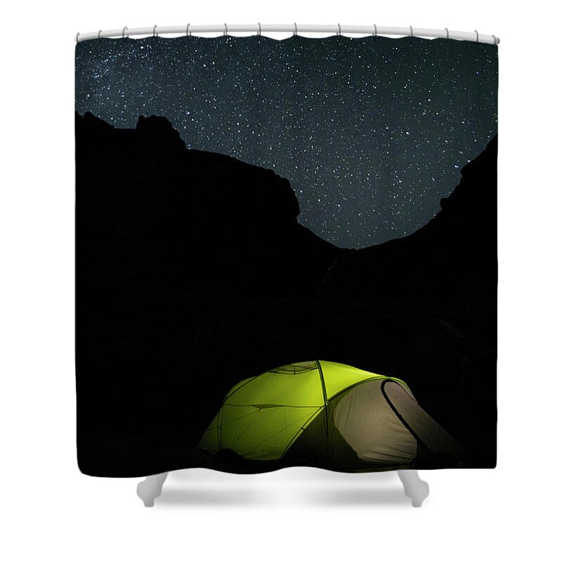 Night Shower Curtain featuring the photograph Camping under the stars by Nicola Aristolao