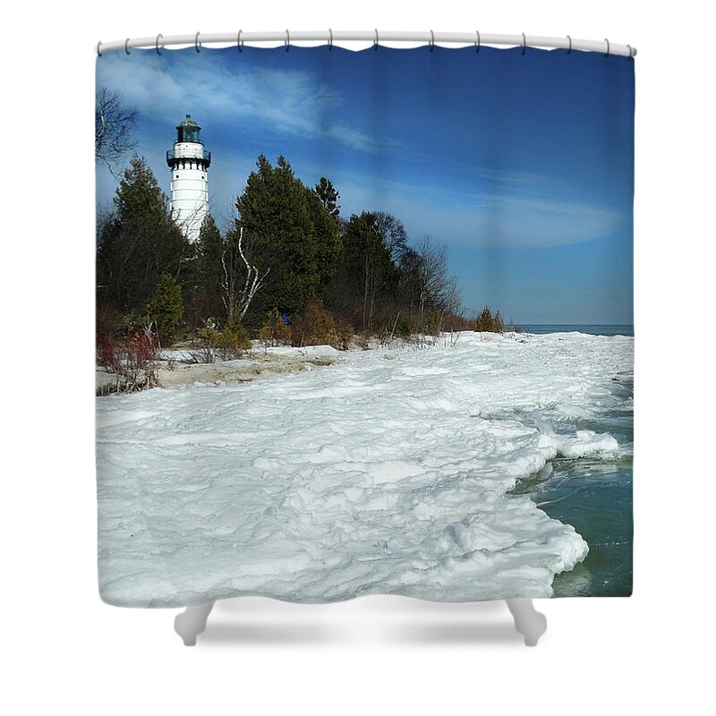 Cana Island Lighthouse Shower Curtain featuring the photograph Cana Island Lighthouse Winter View by David T Wilkinson
