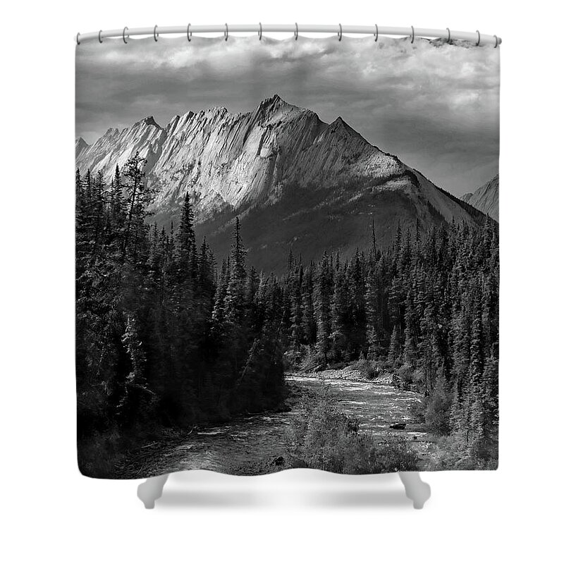 Canadian Rockies Shower Curtain featuring the photograph Canadian Rockies Riverscape B W by David T Wilkinson