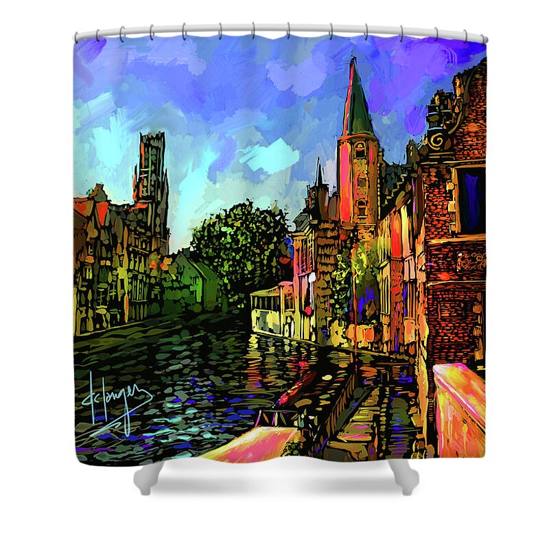 Landscape Shower Curtain featuring the painting Canal in Bruges by DC Langer