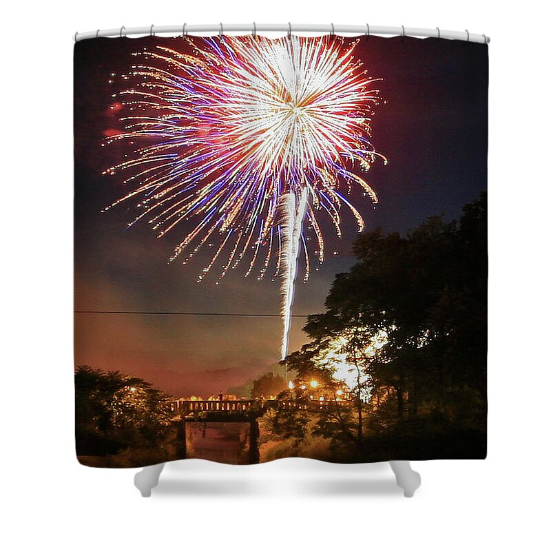 Fire Works Shower Curtain featuring the photograph Canal View of Fire Works by Paula Guttilla