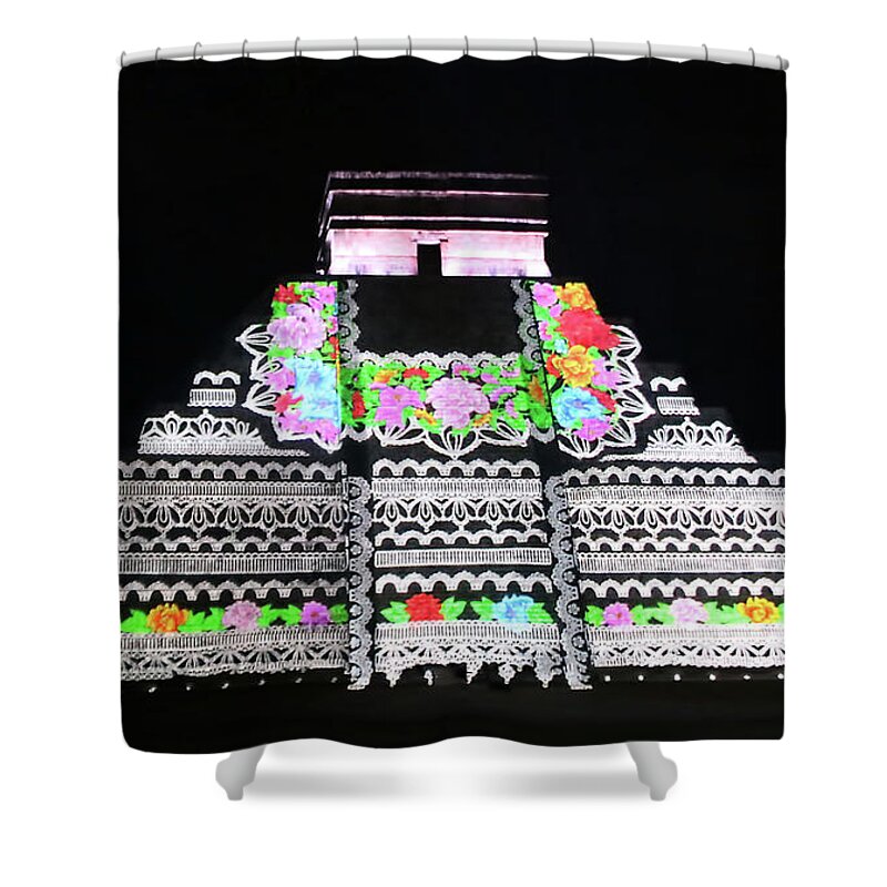 Cancun Shower Curtain featuring the photograph Cancun Mexico - Chichen Itza - Temple of Kukulcan-El Castillo Pyramid Night Lights 8 by Ronald Reid