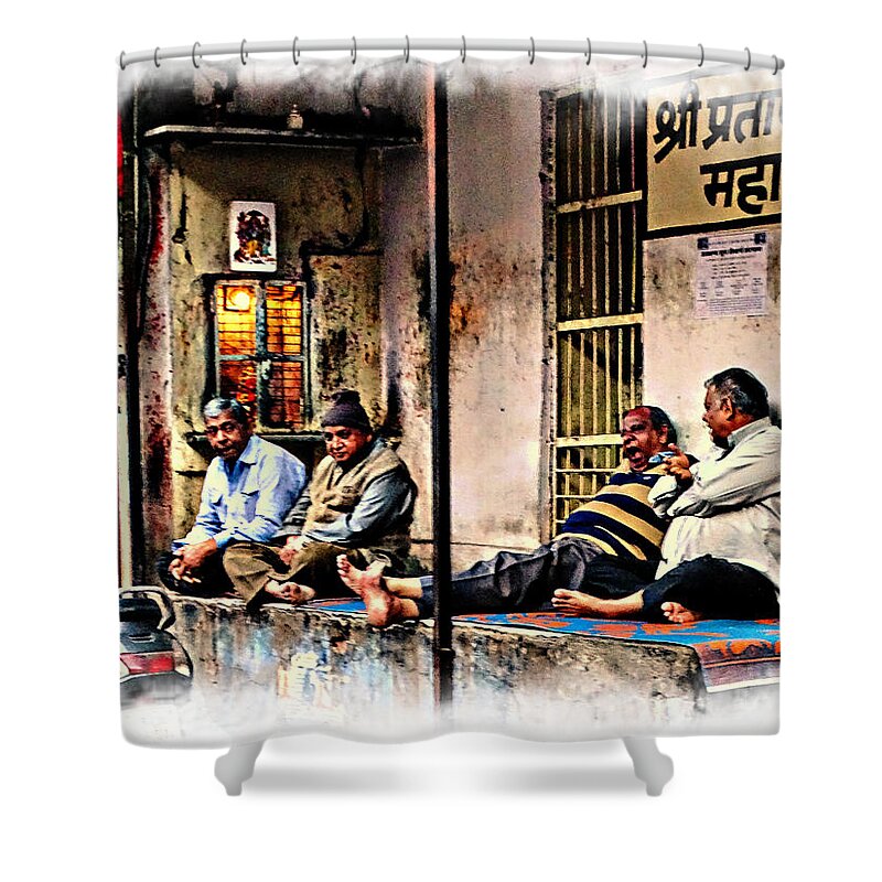 Hanging Out Shower Curtain featuring the photograph Candid Bored Yawn PJ Exotic Travel Blue City Streets India Rajasthan 1a by Sue Jacobi