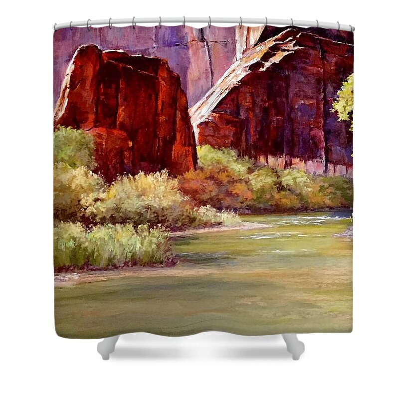 Canyon Rio Gorge Rocks Cliffs River Sunlit New Mexico Trees Water Landscape Shower Curtain featuring the pastel Canyon Colors by Candice Ferguson
