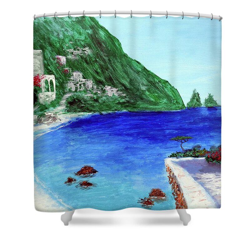 Monte Solaro Capri Shower Curtain featuring the painting Capri by Larry Cirigliano