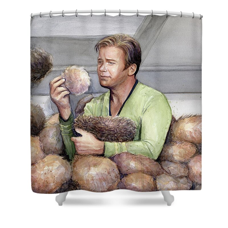 Star Trek Shower Curtain featuring the painting Captain Kirk and Tribbles by Olga Shvartsur