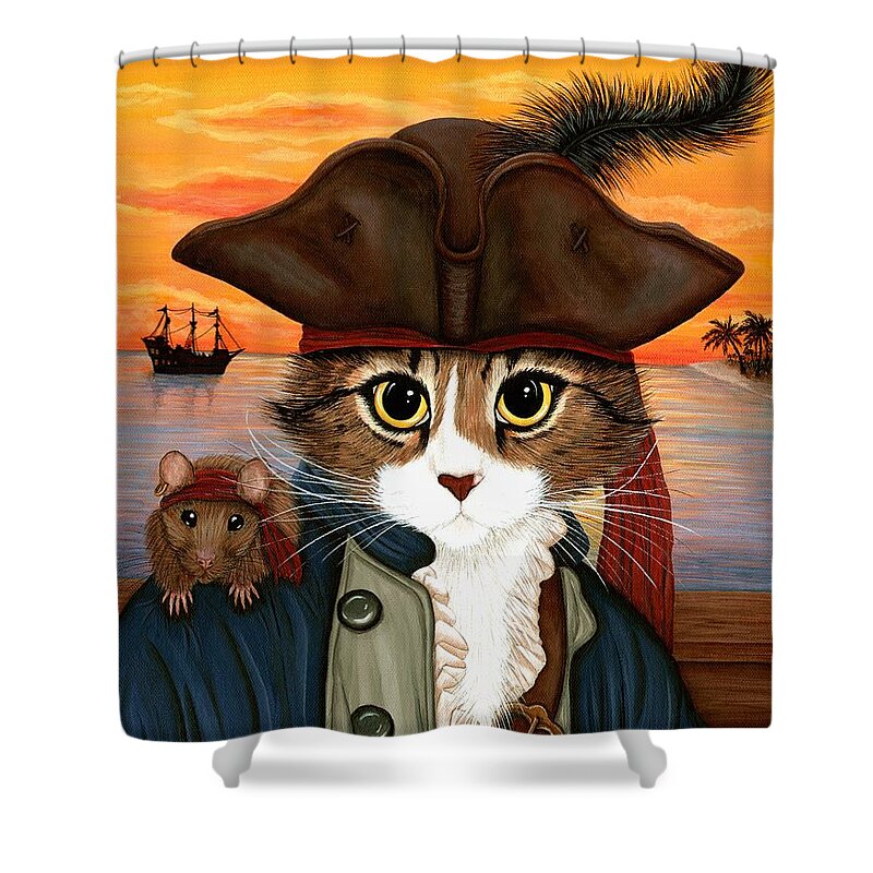 Pirate Cat Shower Curtain featuring the painting Captain Leo - Pirate Cat and Rat by Carrie Hawks