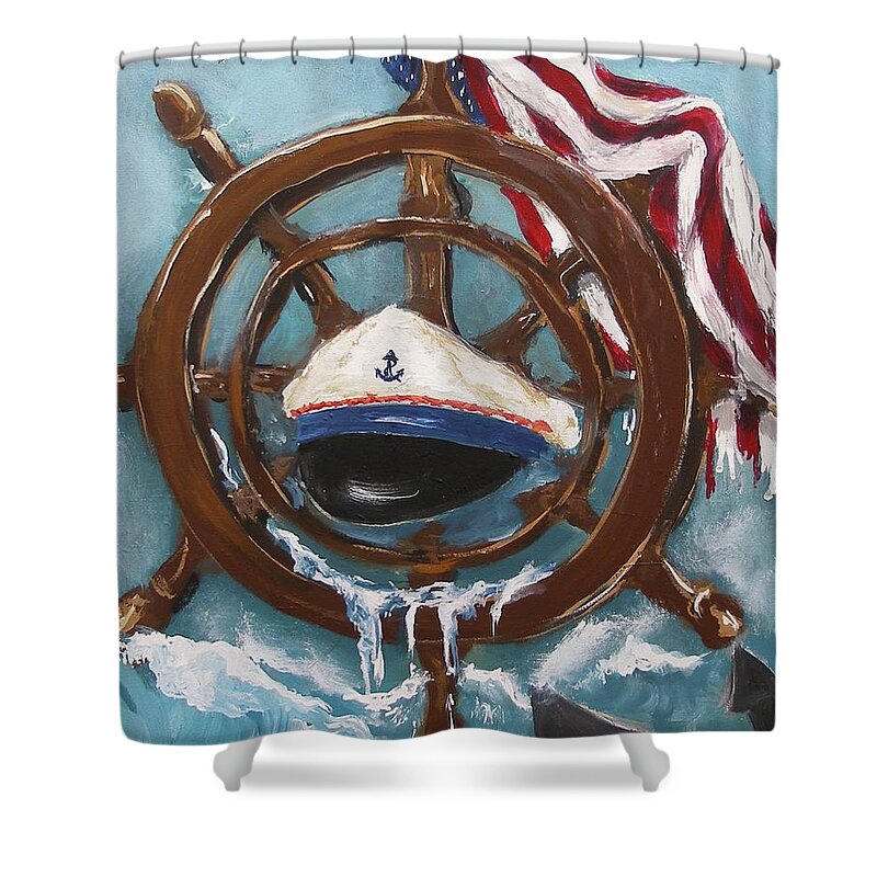 Captain's Home American Flag Ocean Wave Water Hat Seagulls Sea Abstract Painting Acrylic Print Anchor Helm Blue Brown Ship Cruise Seascape Sailing Shower Curtain featuring the painting Captain's Home by Miroslaw Chelchowski