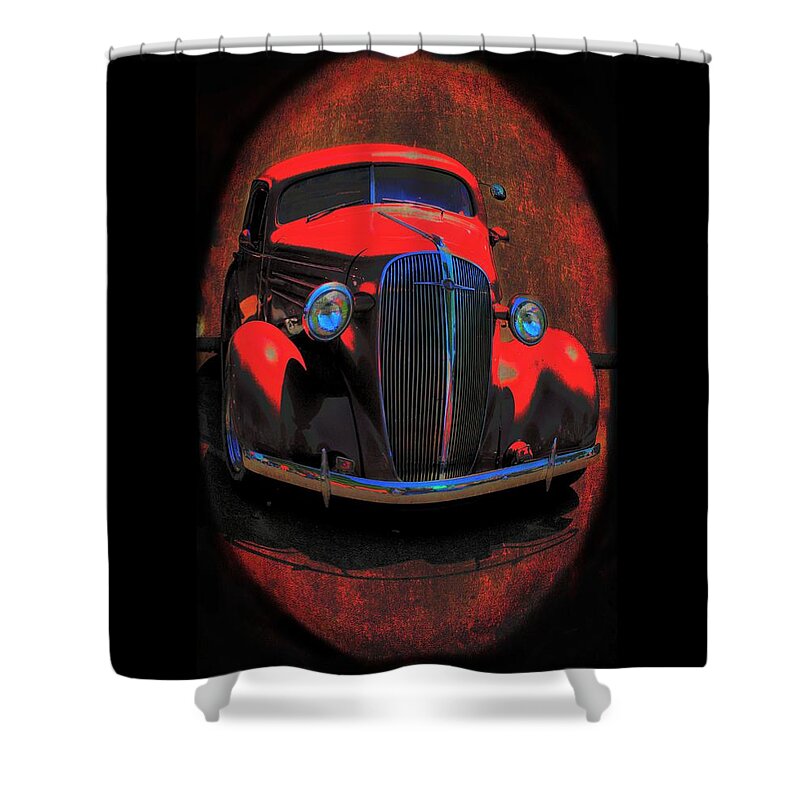 Vintage Car Art Shower Curtain featuring the mixed media Car Art 0443 Red Oval by Lesa Fine