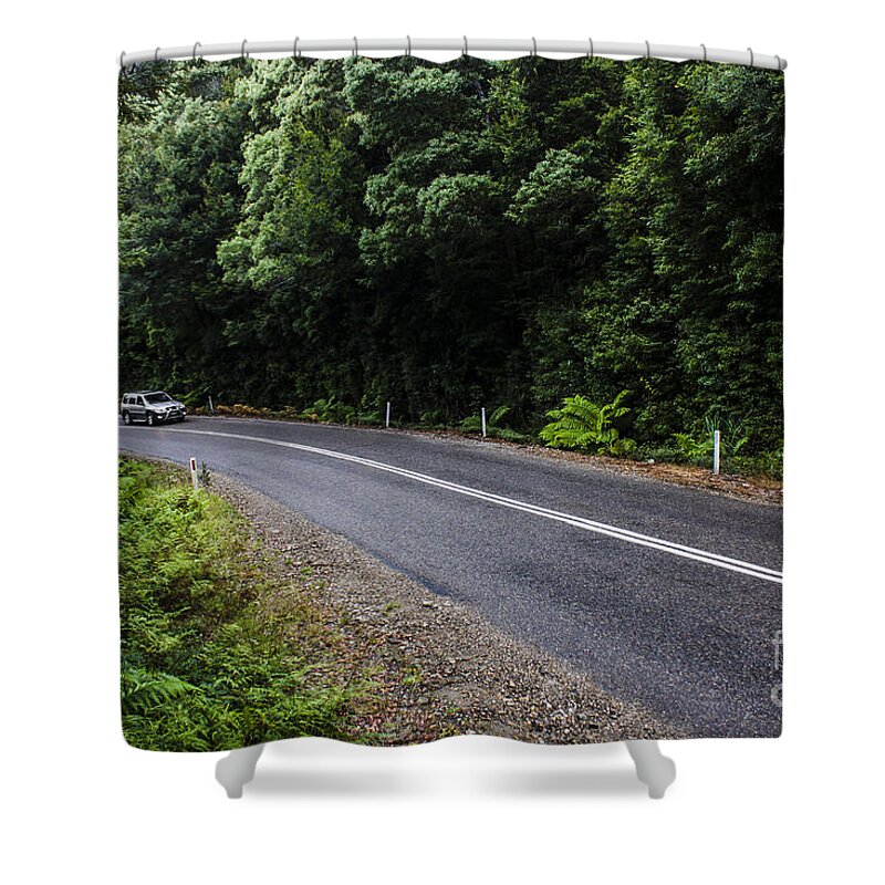 Car Shower Curtain featuring the photograph Car travelling through rainforest in West Tasmania by Jorgo Photography