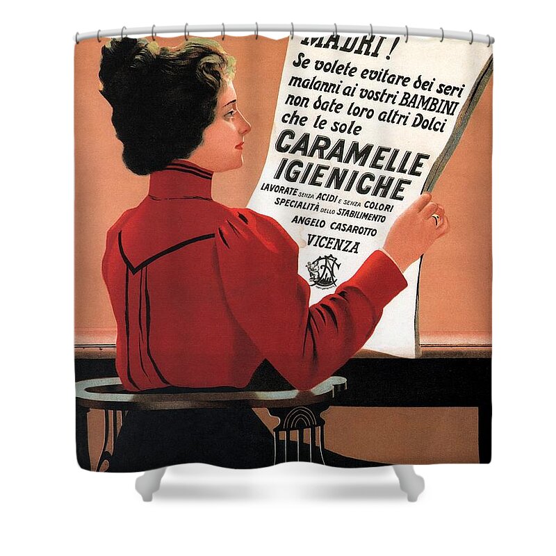 Caramel Igieniche Shower Curtain featuring the mixed media Caramelle Igieniche - Vicenza, Italy - Vintage Advertising Poster by Studio Grafiikka