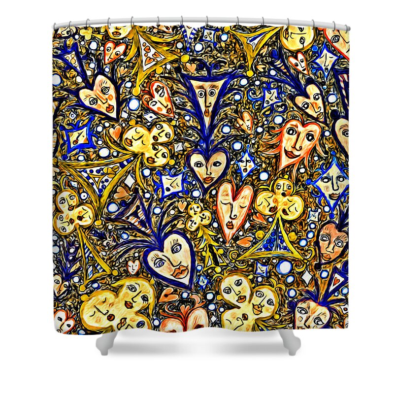 Lise Winne Shower Curtain featuring the digital art Card Game Symbols Blue and Yellow by Lise Winne