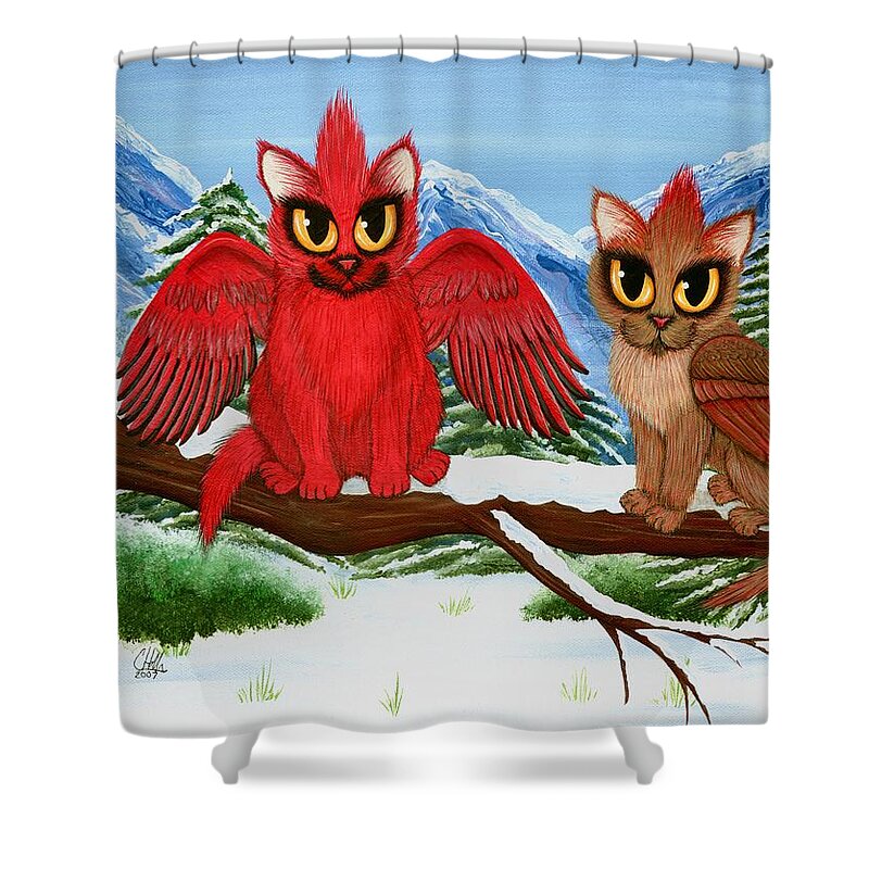 Red Cat Shower Curtain featuring the painting Cardinal Cats by Carrie Hawks