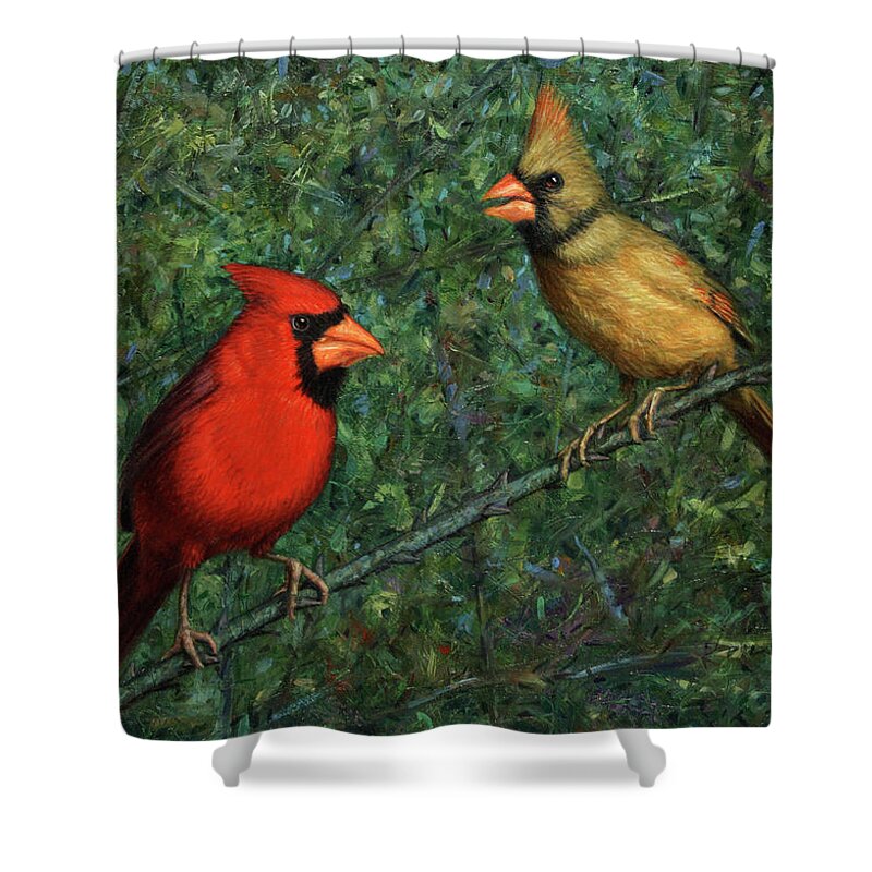 Cardinal Shower Curtain featuring the painting Cardinal Couple by James W Johnson