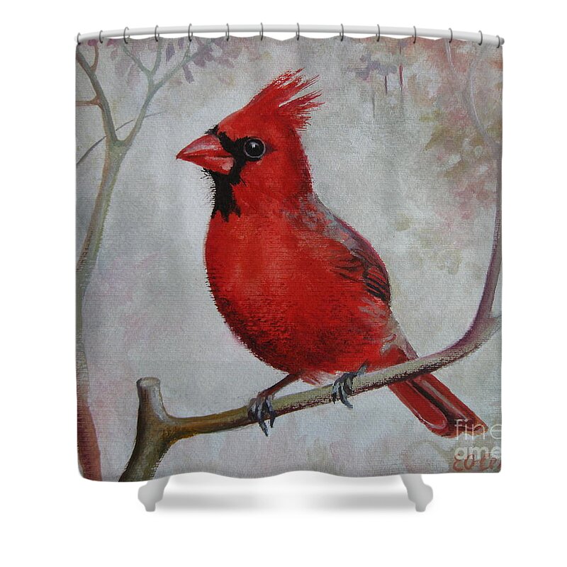 Bird Shower Curtain featuring the painting Cardinal by Elena Oleniuc