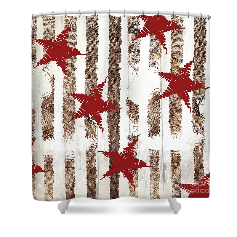 Christmas Pattern Shower Curtain featuring the painting Cardinal Holiday Burlap Star Pattern by Mindy Sommers