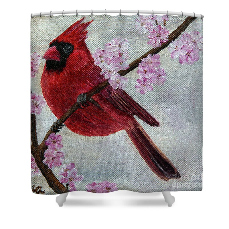 Bird Shower Curtain featuring the painting Cardinal in Cherry Blossoms by Jane Axman