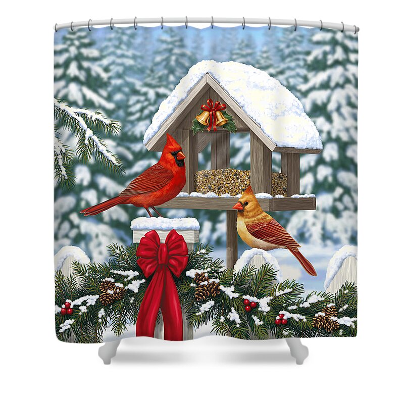 Bird Shower Curtain featuring the digital art Cardinals Christmas Feast by Crista Forest