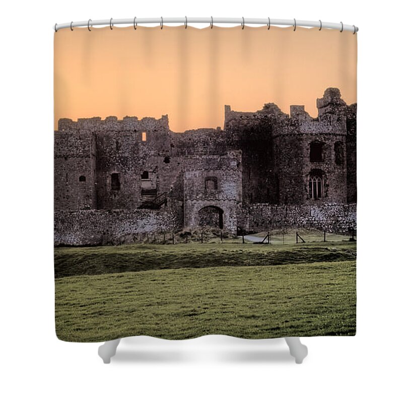 Carew Castle Shower Curtain featuring the photograph Carew Castle Coral Sunset by Steve Purnell