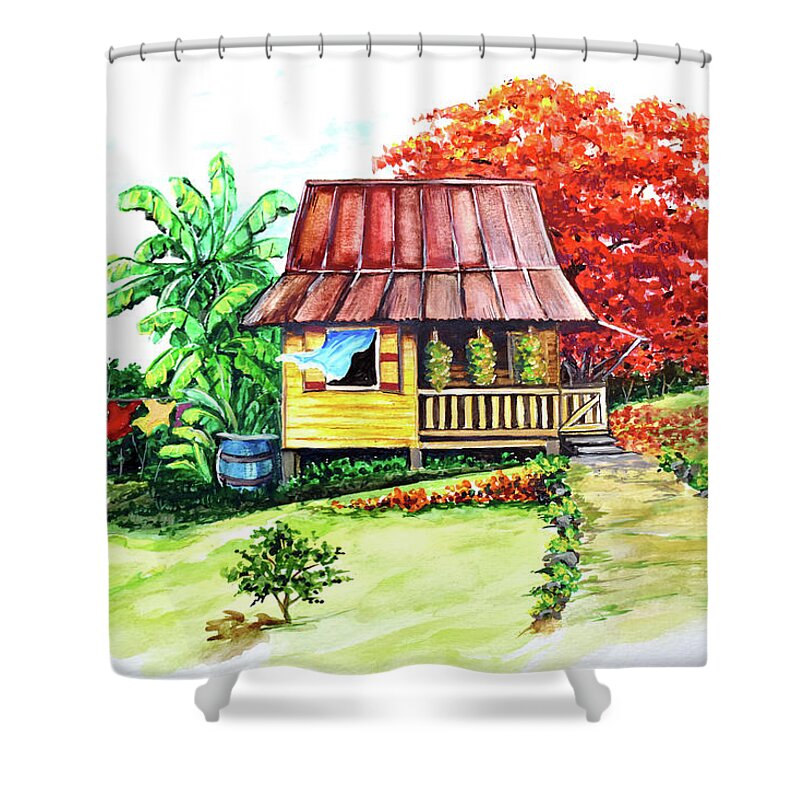 Old House Shower Curtain featuring the painting Caribbean House On The Hill by Karin Dawn Kelshall- Best