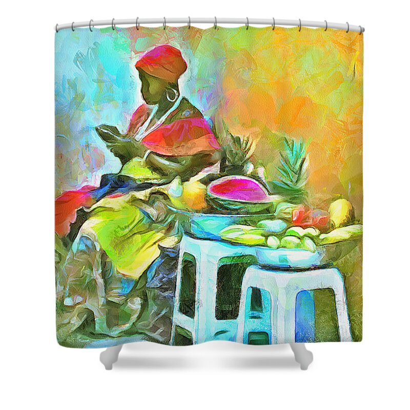Fruits Shower Curtain featuring the painting Caribbean Scenes - De Fruit Lady by Wayne Pascall