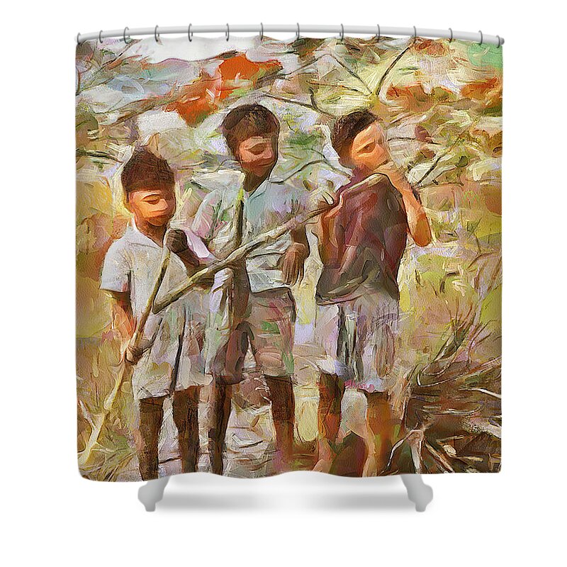 Sugar Cane Shower Curtain featuring the painting Caribbean Scenes - Eating Sugarcane by Wayne Pascall
