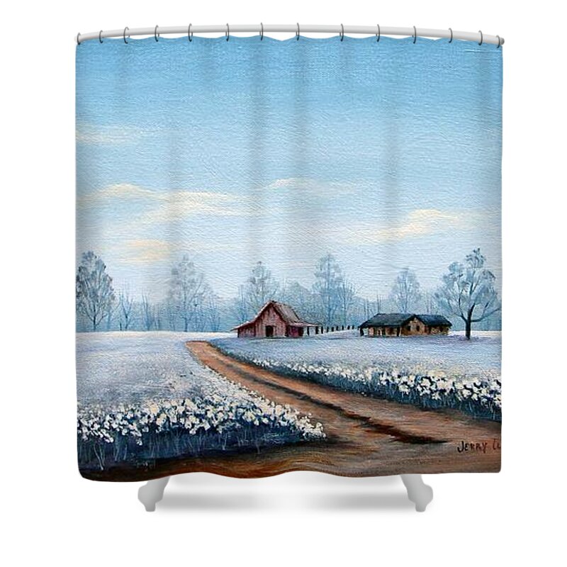 Landscape Shower Curtain featuring the painting Carolina Cottonfield by Jerry Walker