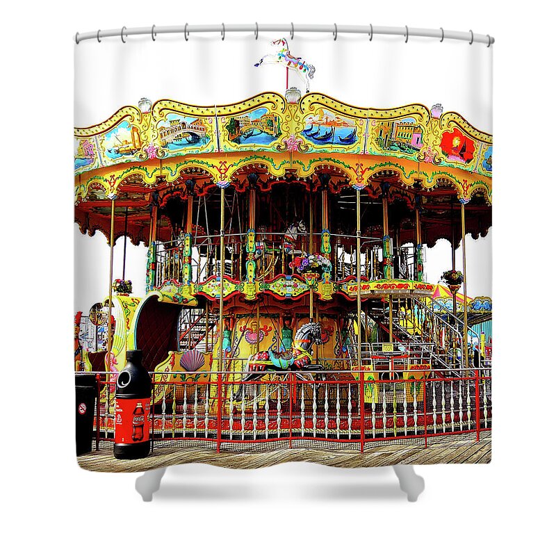 Merry-go-round Shower Curtain featuring the photograph Carousel on the Wildwood, New Jersey Boardwalk by Linda Stern