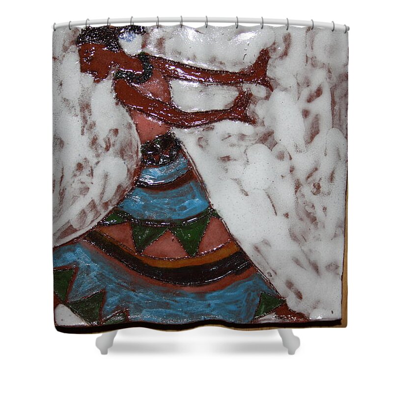 Jesus Shower Curtain featuring the ceramic art Carrie - tile by Gloria Ssali