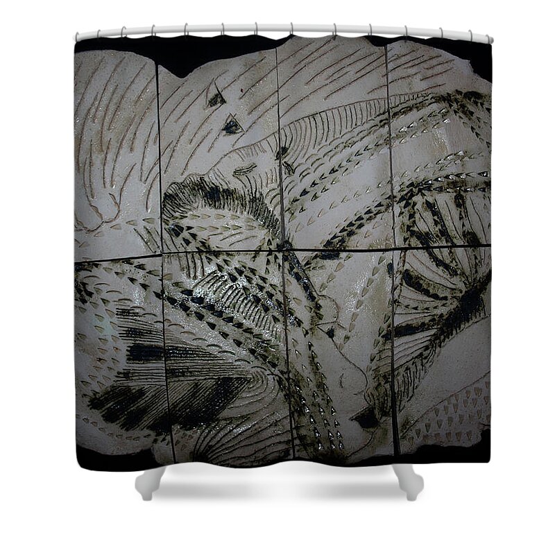 Jesus Shower Curtain featuring the ceramic art Carried -plaque by Gloria Ssali