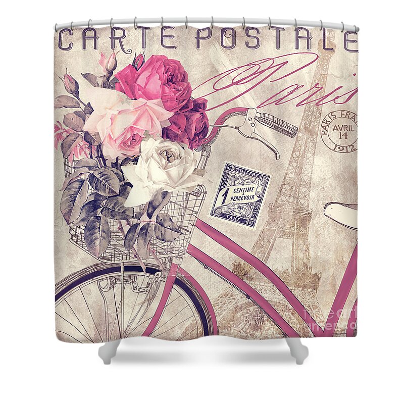 Paris Shower Curtain featuring the painting Carte Postale Bicycle by Mindy Sommers