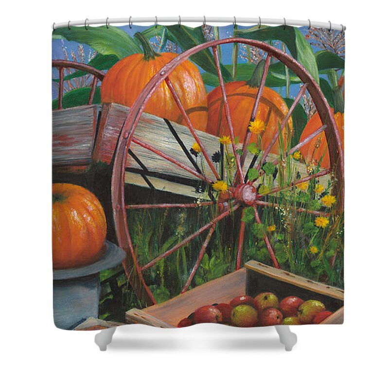 Autumn Shower Curtain featuring the painting Cartloads of Pumpkins by Jeanette French