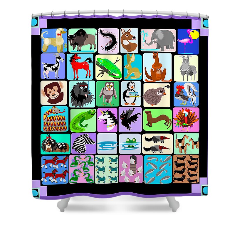 Alphabet Shower Curtain featuring the digital art Cartoon animals from A to Z by Debra Baldwin