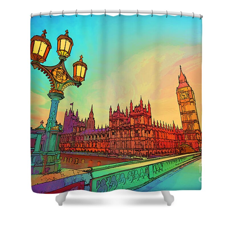 Cartoon style illustration of Big Ben seen from Westminster Bridge, London,  the UK Shower Curtain by Michal Bednarek - Fine Art America