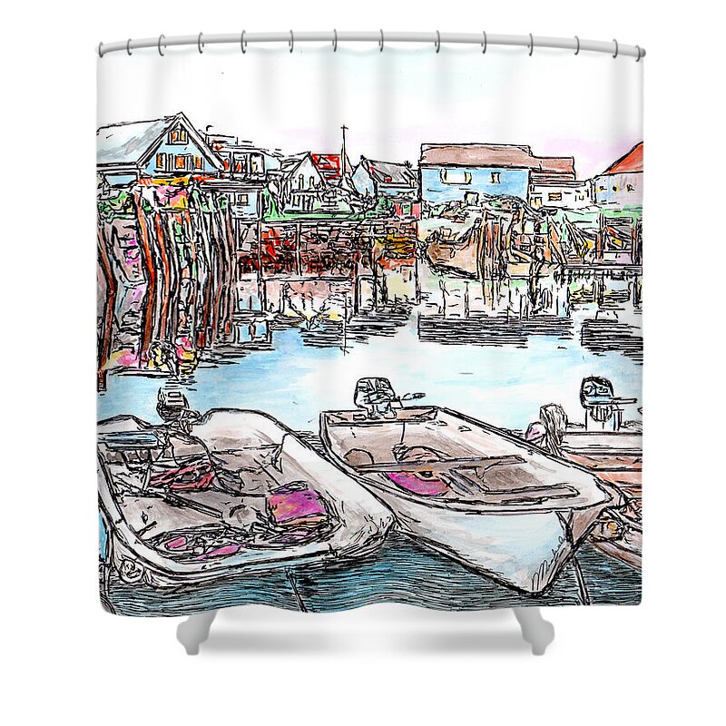Pen Shower Curtain featuring the drawing Carvers Harbour with Boats , Vinal Haven, Maine by Michele A Loftus