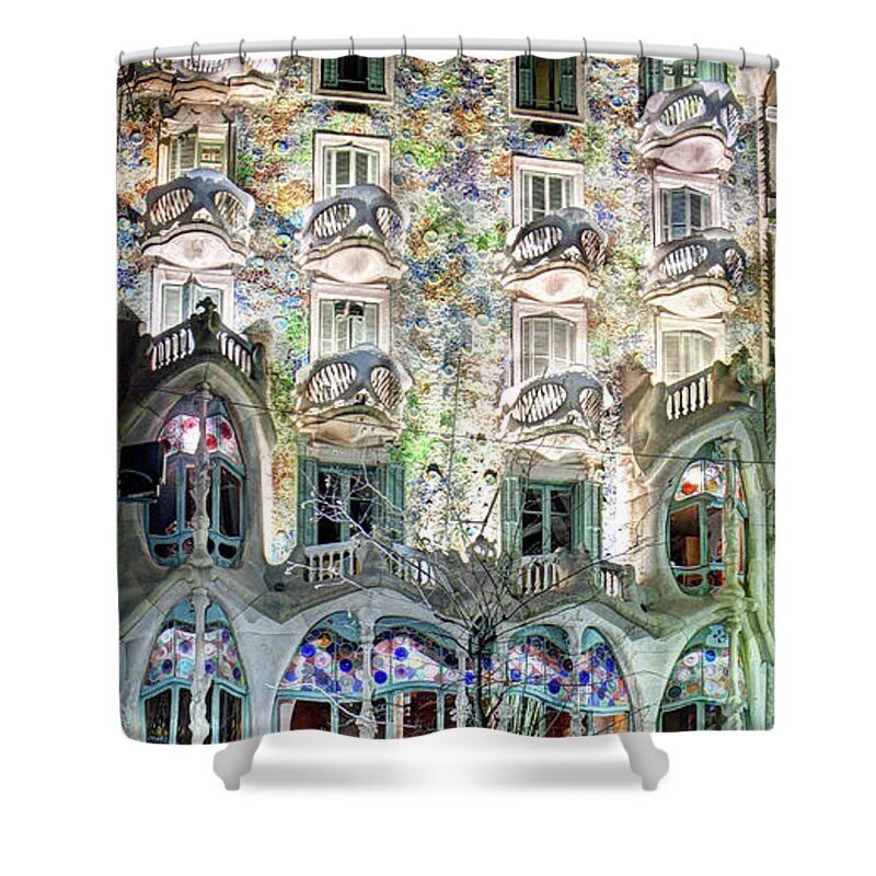 Casa Batllo Shower Curtain featuring the photograph Casa Batllo at night - Gaudi by Weston Westmoreland