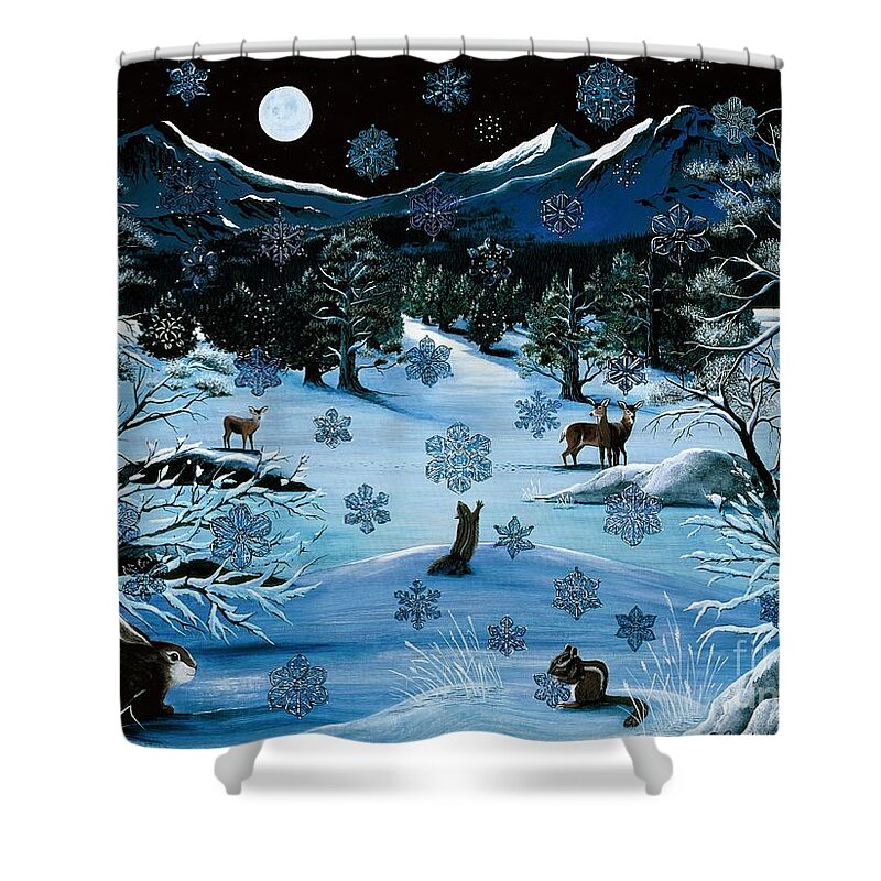 Snowflakes|mountains|night|winter|animals|whimsical| Shower Curtain featuring the painting Cascade Snowflake by Jennifer Lake