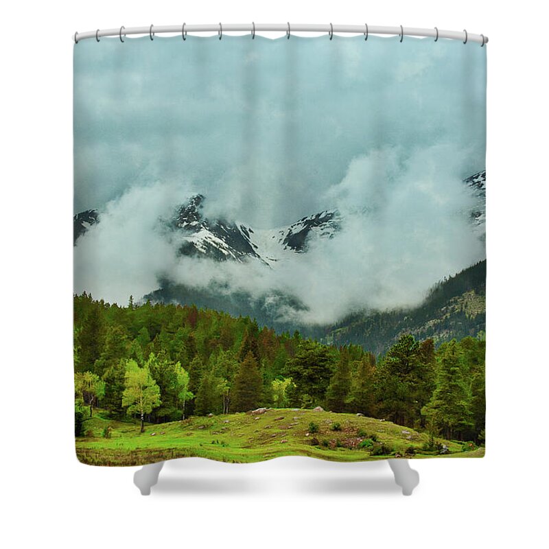 Mountain Shower Curtain featuring the photograph Cascading Storm Clouds by Kevin Schwalbe